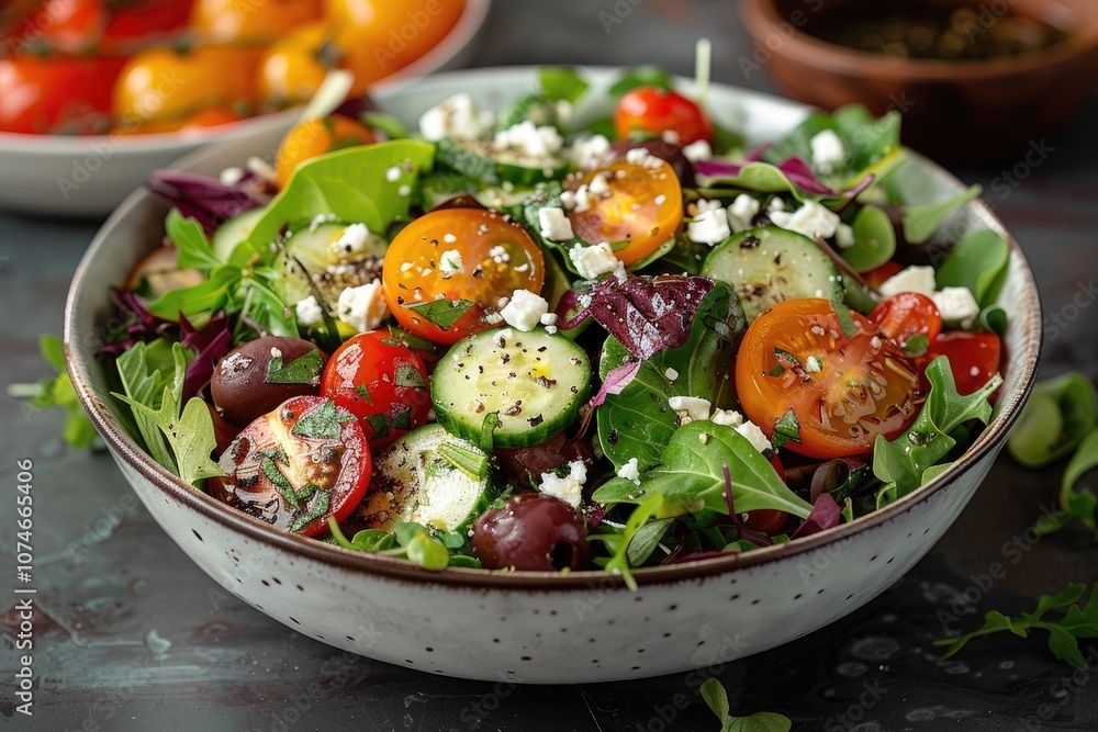 Fresh Salad with Tomatoes, Cucumbers, Feta Cheese, and Olives Fresh Salad with Tomatoes, Cucumbers, Feta Cheese, and Olives
