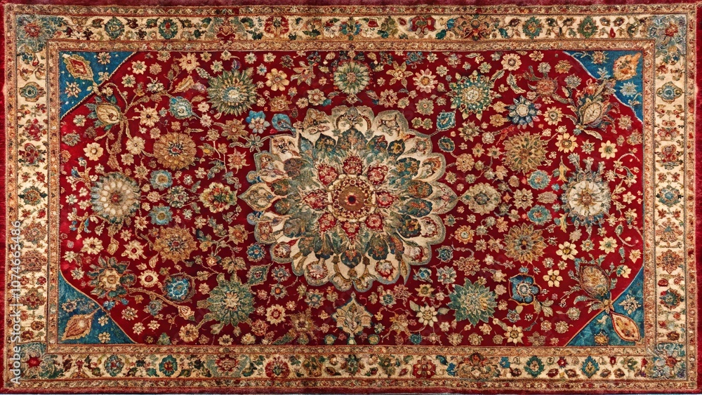 Intricate Floral Design Adorns a Rich Red Rug with Elaborate Borders Intricate Floral Design Adorns a Rich Red Rug with Elaborate Borders