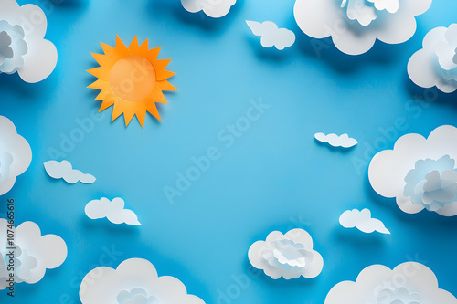 Top view of paper cut clouds and sun on blue background, panoramic shot