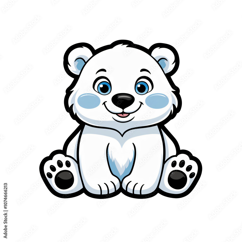 Naklejka premium Cartoon style polar bear sticker with expressive blue eyes, gentle smile, and soft white fur on white background, generative ai