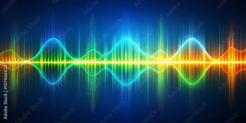 Fototapeta premium Abstract digital sound wave visualization with a vibrant blue, green, and yellow color gradient on a dark blue background