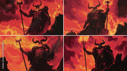 Ancient god cartoon vector concepts. Molten hammer lightning horned giant demon, flame scepter hell servant conjuring spell, abyss evil creature burning fire magical overlord scorching character