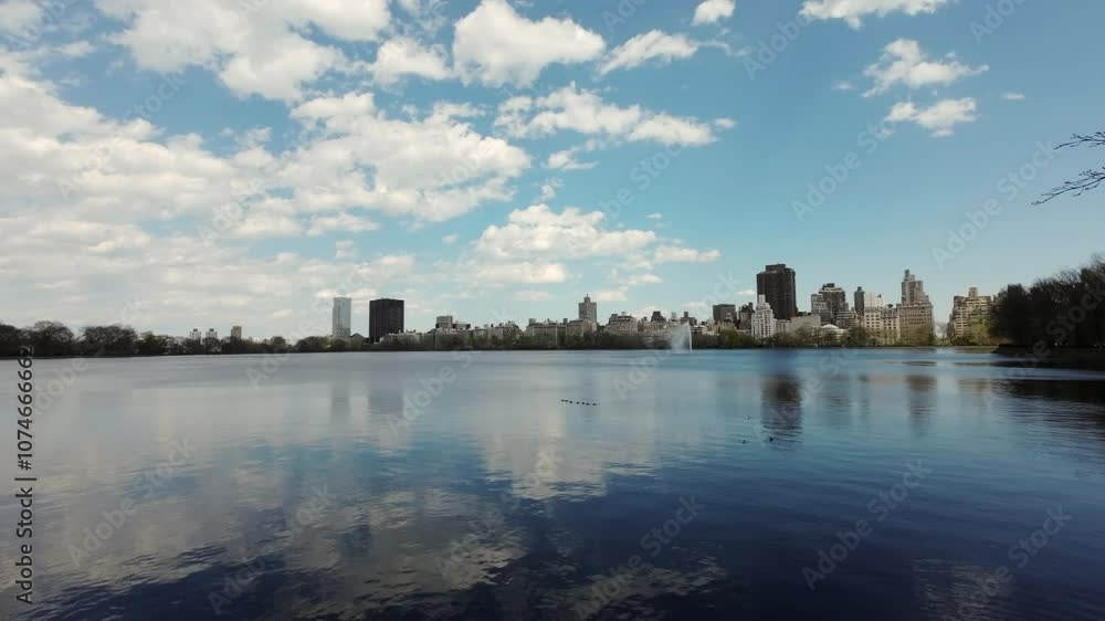 A tranquil urban lake view with a reflective sky and a captivating city skyline A tranquil urban lake view with a reflective sky and a captivating city skyline