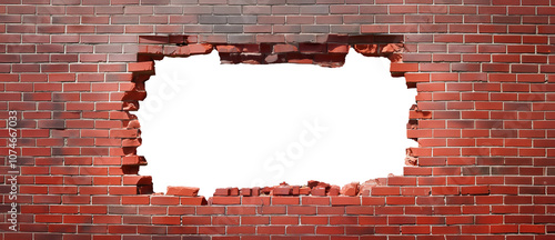 Old brick wall with a large hole in the middle. Abstract background in red and gray and with copy space.