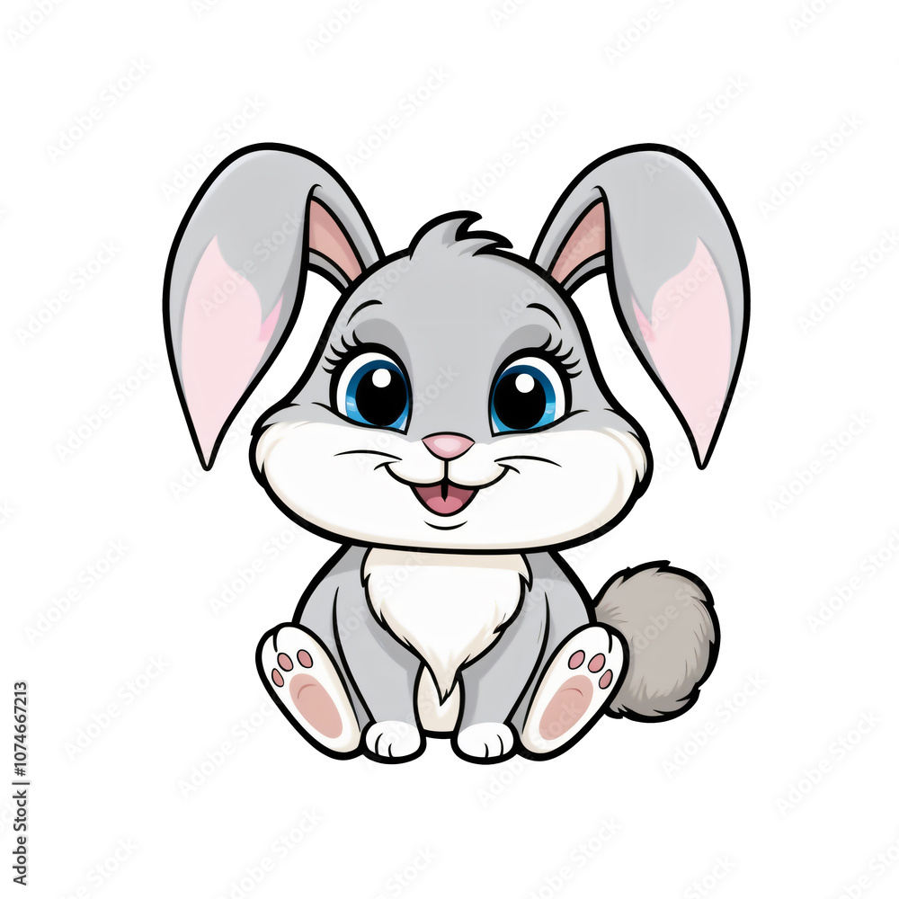 Cartoon style rabbit sticker with expressive blue eyes, soft pink lined ears, and happy smile on white background, generative ai