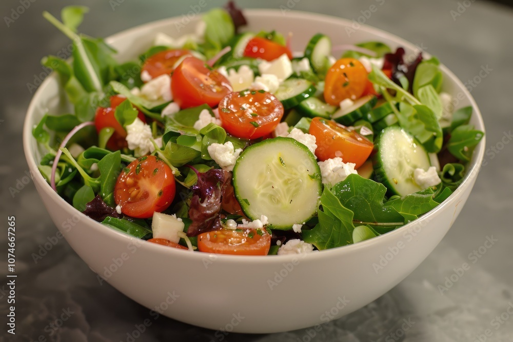 Fresh Green Salad with Tomatoes, Cucumber, and Feta Cheese in a White Bowl Fresh Green Salad with Tomatoes, Cucumber, and Feta Cheese in a White Bowl