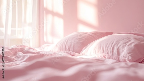 Cozy pink bedroom with sunlit soft pillows and elegant curtains