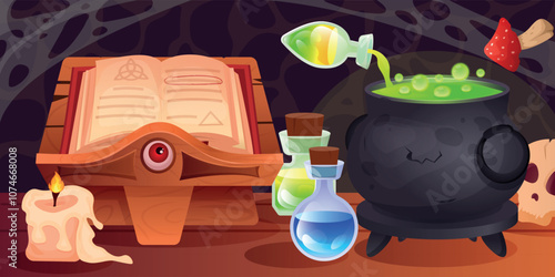 Vector illustration of a magic desktop. Concept of magic and witchcraft. Potion vat, book. Elements for your design. Banner or poster