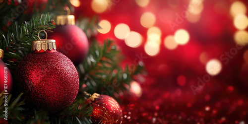 A close-up shot of sparkly red Christmas baubles hanging on pine branches against a festive red and gold bokeh background. Generative AI.