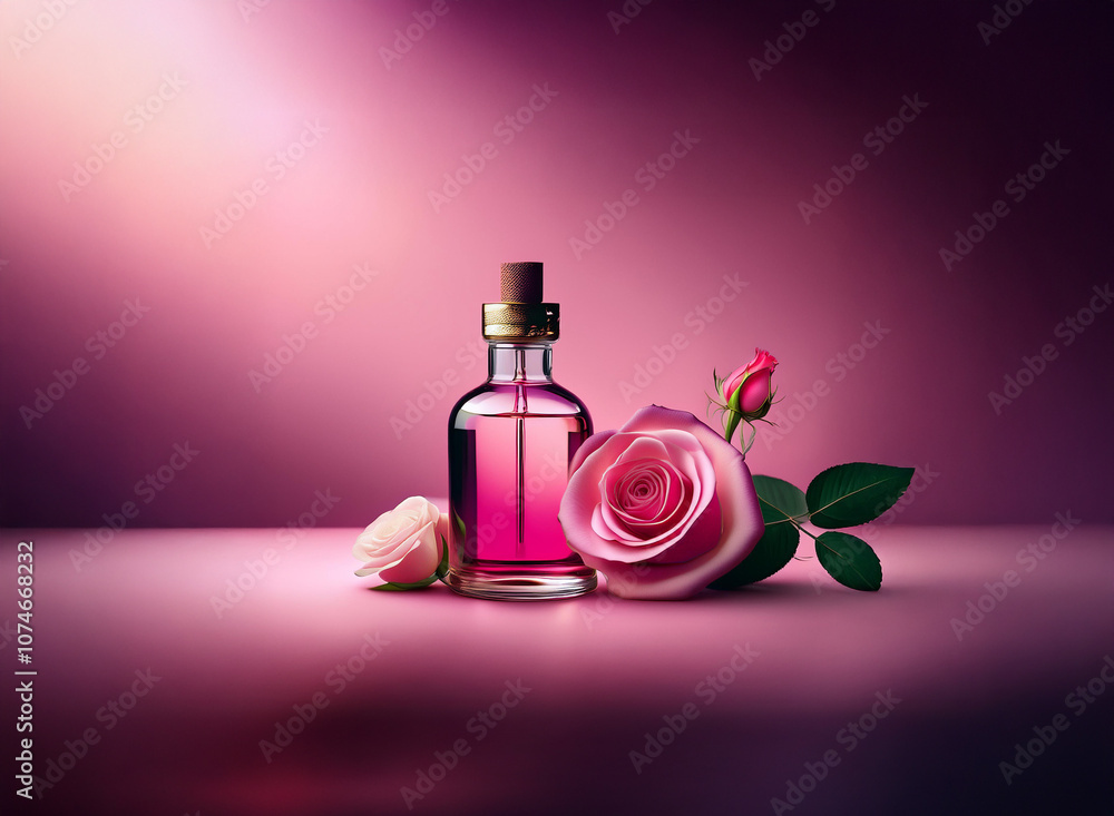 A glass bottle of rose-colored liquid with a cork top sits on a pink surface, surrounded by pink roses. A spotlight shines from above. A glass bottle of rose-colored liquid with a cork top sits on a pink surface, surrounded by pink roses. A spotlight shines from above.