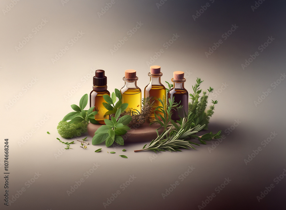 Four small glass bottles with cork tops filled with golden liquid, surrounded by various fresh herbs on a wooden base. Four small glass bottles with cork tops filled with golden liquid, surrounded by various fresh herbs on a wooden base.