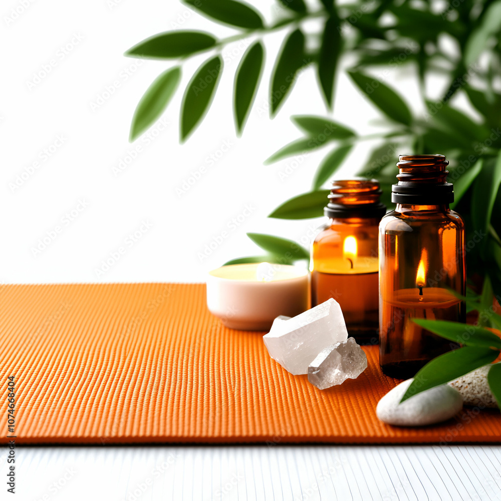 Calming scene with essential oils, candles, and stones for relaxation and wellness. Calming scene with essential oils, candles, and stones for relaxation and wellness.