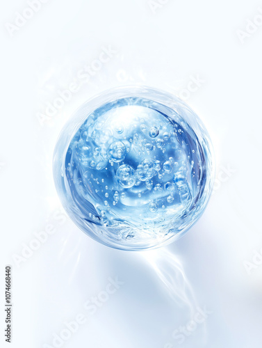 blue molecules, glass bubbles, , cosmetic moisturizing water molecules, Cosmetic essence, liquid oil foam, glass texture, 3D rendering