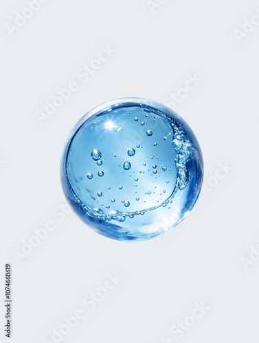 blue molecules, glass bubbles, , cosmetic moisturizing water molecules, Cosmetic essence, liquid oil foam, glass texture, 3D rendering