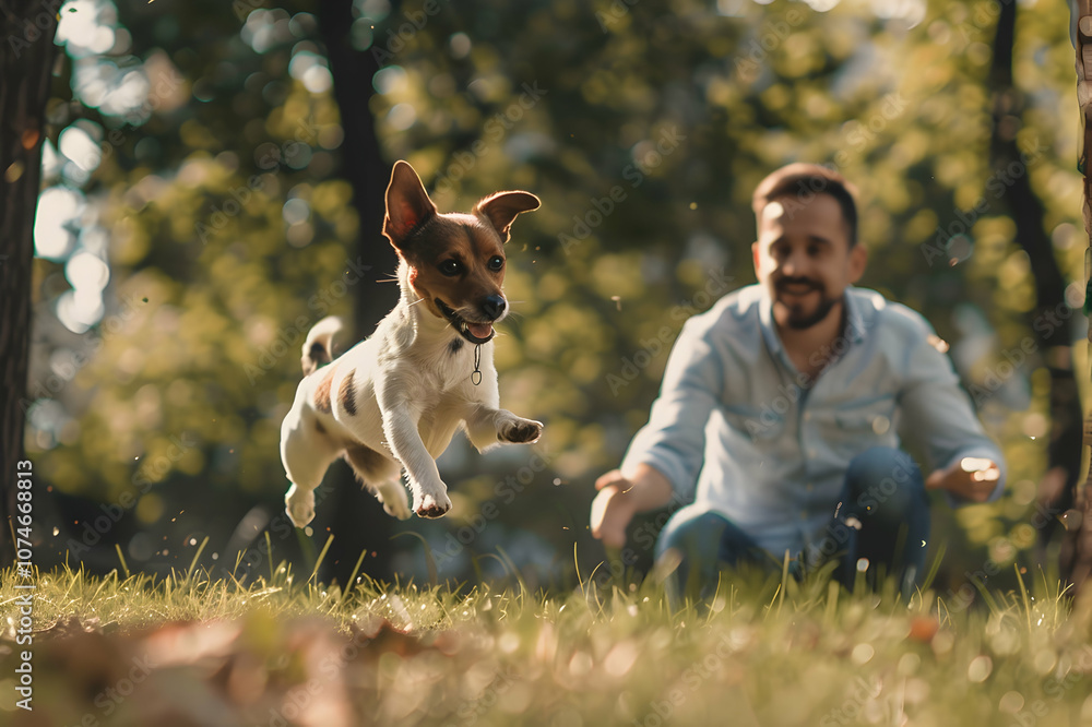 Selective focus of excited man looking at jumping jack russell terrier in park Selective focus of excited man looking at jumping jack russell terrier in park