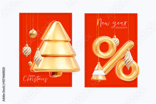 3D Christmas and New Year flyer with , luxury golden ornament decorations and a percent sign on a red background. Vector template for grand discounts.