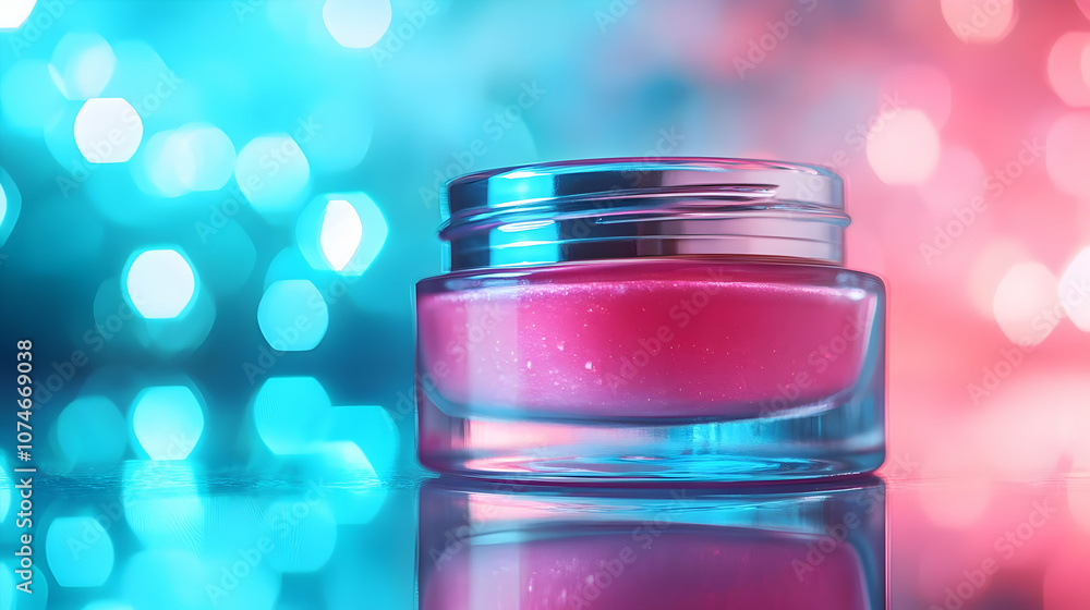 Glass Jar of Pink Moisturizer with Blue and Pink Bokeh Background - Product Photography Glass Jar of Pink Moisturizer with Blue and Pink Bokeh Background - Product Photography