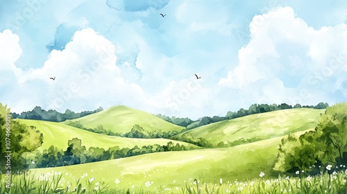 Tranquil green landscape with rolling hills and blue sky