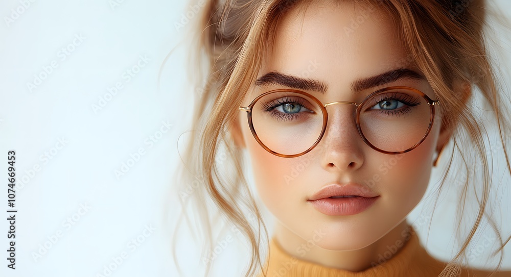 A close-up portrait of a young woman wearing round, vintage-style glasses with a thin frame. A close-up portrait of a young woman wearing round, vintage-style glasses with a thin frame.