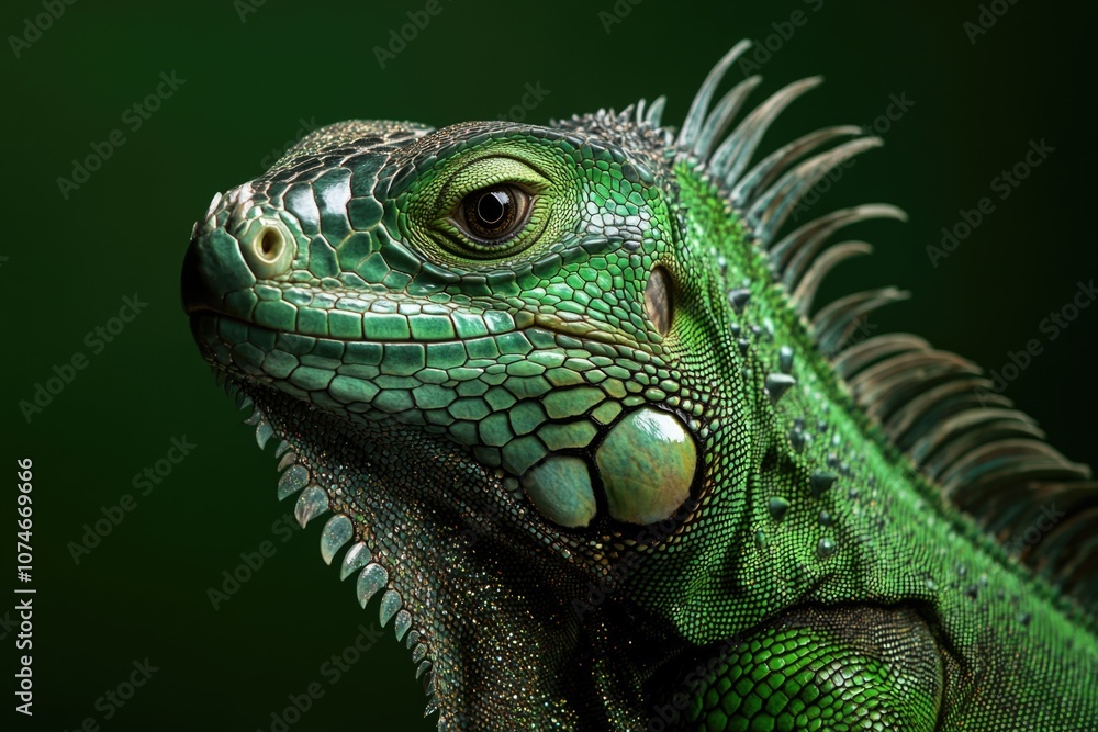 A green iguana against a dark green background. A green iguana against a dark green background.