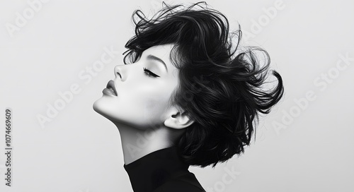 A striking black-and-white side-profile portrait of a young woman with a short, windswept hairstyle.