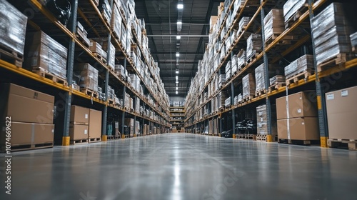 Warehouse Interior with Rows of Shelves and Boxes