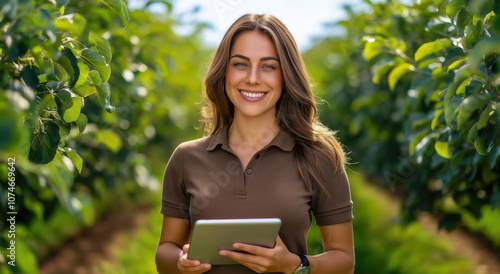 Smiling female farmer holding a tablet among vineyard rows, representing the integration of digital tools in viticulture for improved crop quality and precision agriculture.