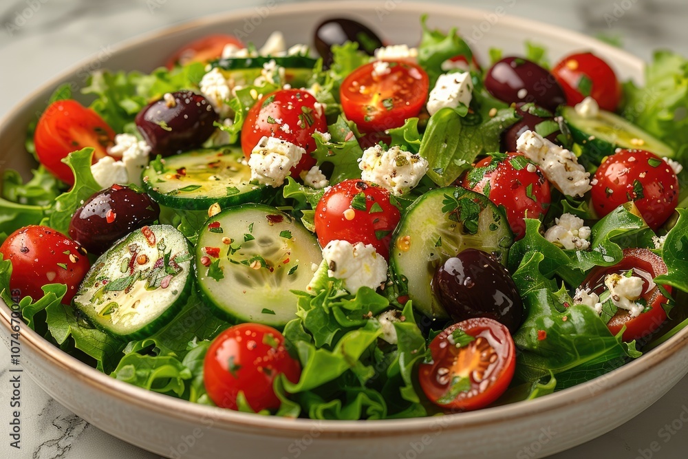 Fresh Salad with Cherry Tomatoes, Cucumber, Feta Cheese, and Olives Fresh Salad with Cherry Tomatoes, Cucumber, Feta Cheese, and Olives