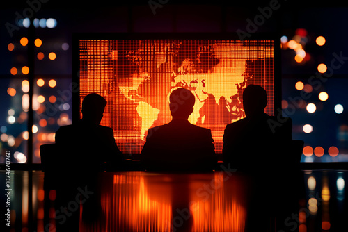 Three silhouettes observe a global data display in a high-tech corporate setting.