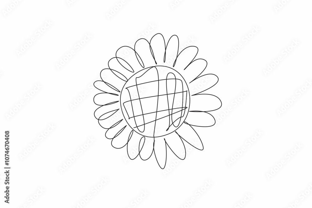Continuous one line drawing sunflower seen close up. Details and patterns are visible. Flower symbol of loyalty. Flower of spiritual guidance. Kansas Day. Single line draw design vector illustration Continuous one line drawing sunflower seen close up. Details and patterns are visible. Flower symbol of loyalty. Flower of spiritual guidance. Kansas Day. Single line draw design vector illustration