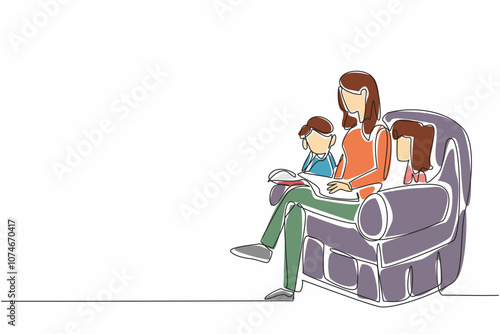 Single continuous line drawing woman and her two children sitting on the sofa and reading a book together. Like a community. Good hobby. World Read Aloud Day. One line design vector illustration