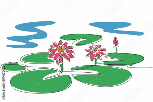 Continuous one line drawing lotus leaves and flowers in wetlands. Provide a natural filter for sediment and runoff. Environmental. World Wetlands Day. Single line draw design vector illustration