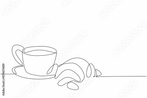 Continuous one line drawing croissant with coffee cup. Drowsiness reliever. Get ready to face heavy overtime. Encourager. Full. National Croissant Day. Single line draw design vector illustration