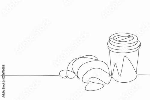 Single one line drawing croissant with paper cup filled with hot sweet tea. Skipped breakfast. Woke up late. Brought to the office. National Croissant Day. Continuous line design graphic illustration