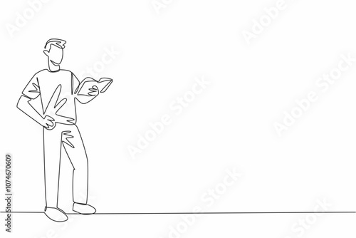 Single continuous line drawing man standing holding a book and reading it. Reading literature books. Poetry. Novels. Expressive. Appreciation. World Read Aloud Day. One line design vector illustration