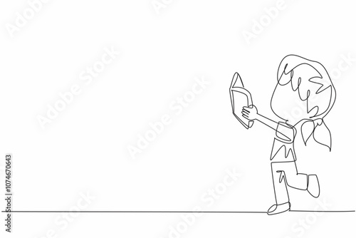 Single one line drawing little girl standing while reading a book. Practicing what is read. Full of joy and lots of funny expressions. World Read Aloud Day. Continuous line design graphic illustration