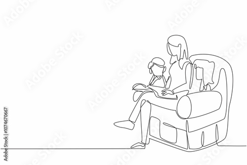 Single continuous line drawing woman and her two children sitting on the sofa and reading a book together. Like a community. Good hobby. World Read Aloud Day. One line design vector illustration