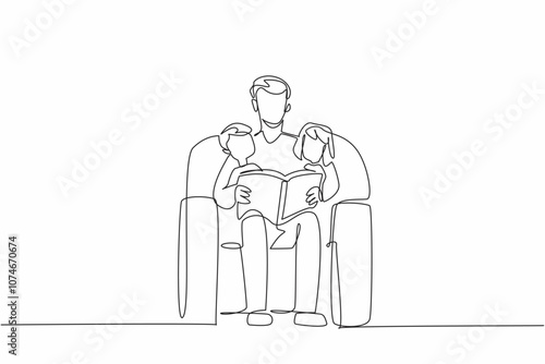 Continuous one line drawing man with two children sitting on sofa reading a book together. A model father. A good hobby to pass on. World Read Aloud Day. Single line draw design vector illustration