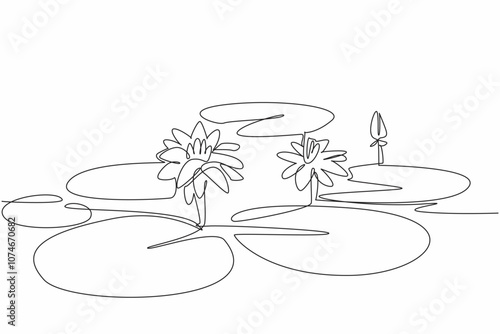 Continuous one line drawing lotus leaves and flowers in wetlands. Provide a natural filter for sediment and runoff. Environmental. World Wetlands Day. Single line draw design vector illustration