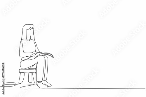 Single one line drawing woman sitting on a child's chair reading a book. Modeling the best way to read. Cultivating good interest. World Read Aloud Day. Continuous line design graphic illustration
