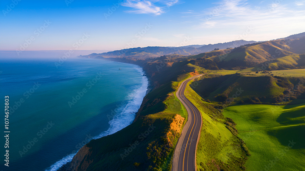A breathtaking view of a coastal road winding through lush green hills by the ocean. A breathtaking view of a coastal road winding through lush green hills by the ocean.
