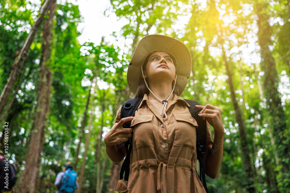 woman backpacker is standing looking up in a forest, woman backpacker is standing looking up in a forest,
