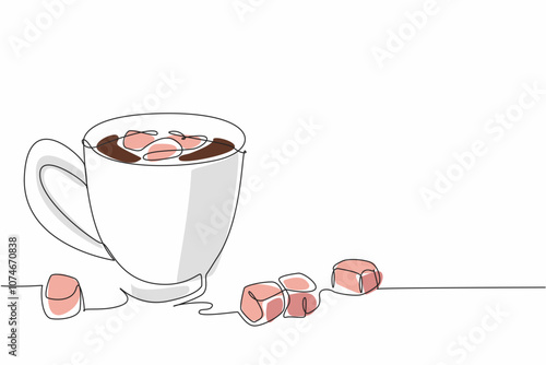 Single one line drawing chocolate drink in a mug and scattered marshmallows. Warm. Sweet. Calming. Relaxing and chilled out. National Hot Chocolate Day. Continuous line design graphic illustration