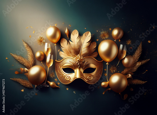 A golden masquerade mask with feathers surrounded by balloons and champagne glasses on a teal background. photo