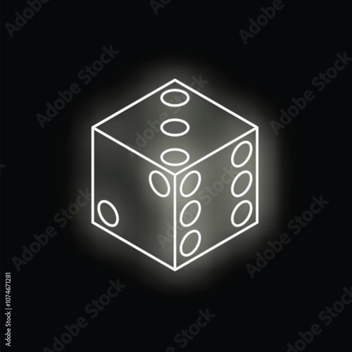 Neon dice shining on black background representing gambling and luck