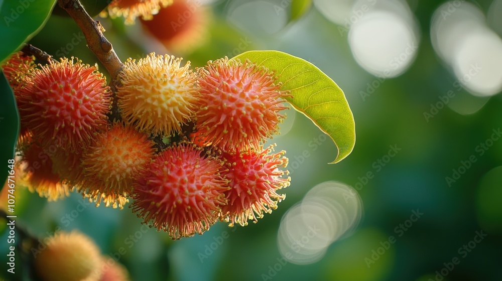 Close-up of vibrant rambutan fruits hanging on a tree branch, showcasing their unique spiky skin and lush green background. Close-up of vibrant rambutan fruits hanging on a tree branch, showcasing their unique spiky skin and lush green background.