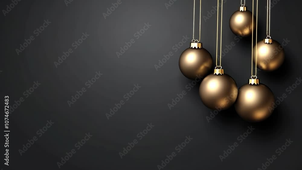 Five gold ornaments hang from strings against a black background Five gold ornaments hang from strings against a black background