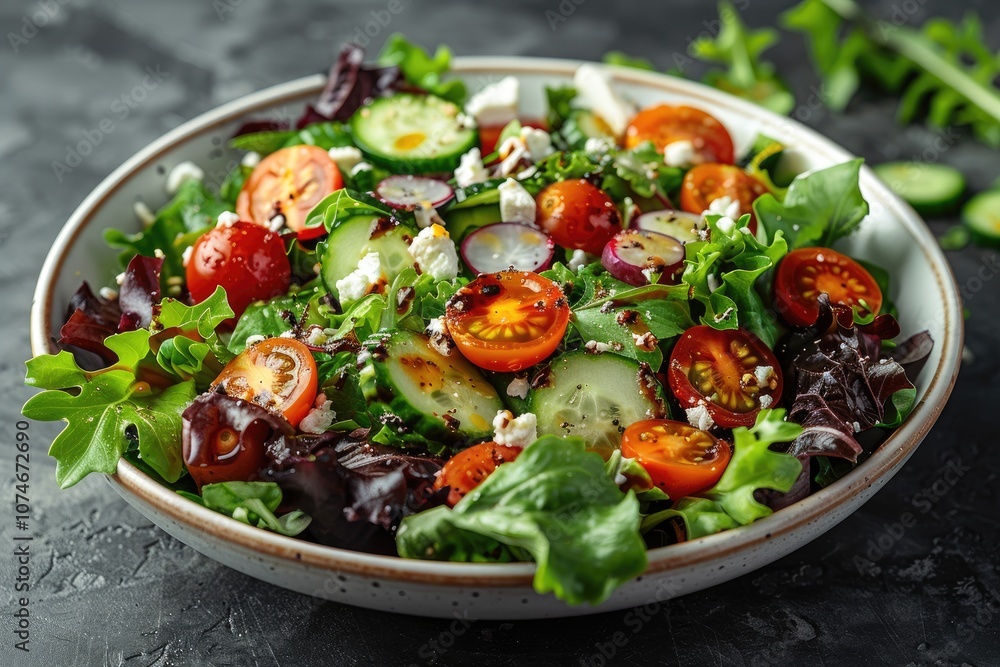 Fresh Green Salad with Cherry Tomatoes, Cucumber, and Feta Cheese Fresh Green Salad with Cherry Tomatoes, Cucumber, and Feta Cheese