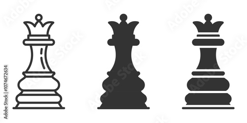Vector icon of a chess queen piece in multiple styles.