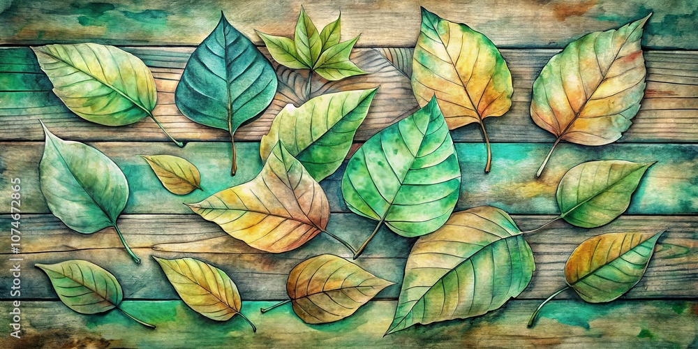 Fototapeta premium Watercolor Illustration of Various Autumn Leaves on a Distressed Wooden Plank Background